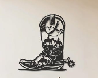 Cowboy Boot Metal Wall Art, Western Wall Decor, Rustic Cowboy Scene Sign, Farmhouse Horse Decor, Ranch Style Wall Hanging