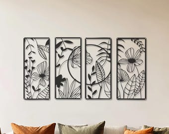 Large Botanical Metal Wall Art Set of 4, Minimalist Floral Metal Wall Decor, Modern Boho Flower Panels, Living Room Bedroom Wall Art
