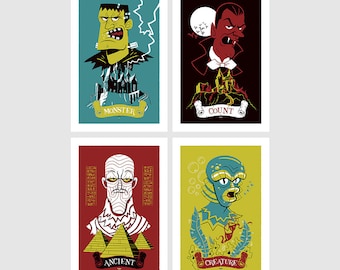 Classic Monsters - Screen Print - Dracula Frankenstein Creature Mummy