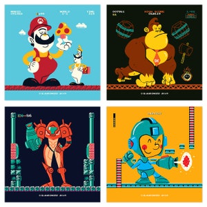 Classic Video Games - Set of 4 - Screen Prints - Super Mario Donkey Kong Metroid Mega Man