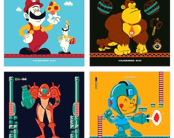 Classic Video Games - Set of 4 - Screen Prints - Super Mario Donkey Kong Metroid Mega Man