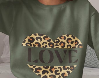 Leopard Heart Love Sweatshirt, Valentines Day Sweatshirt for Women, Leopard Print Love Shirt, Cozy Romantic Gift