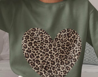 Leopard Heart Sweatshirt, Trendy Valentine's Day Gift, Cotton Pullover, Cute Love Aesthetic Sweatshirt, Gift for Her