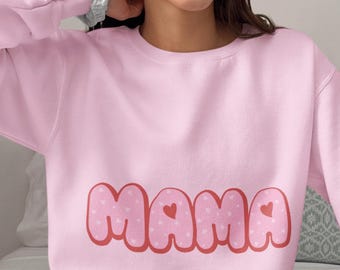 Mama Heart Sweatshirt, Soft Pink Letter Print, Mom Gift, Valentine's Day Mama Sweatshirt
