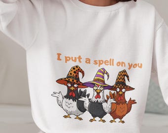 Halloween Witch Chickens Sweatshirt, Funny Spooky Animal Design, Spooky Gift