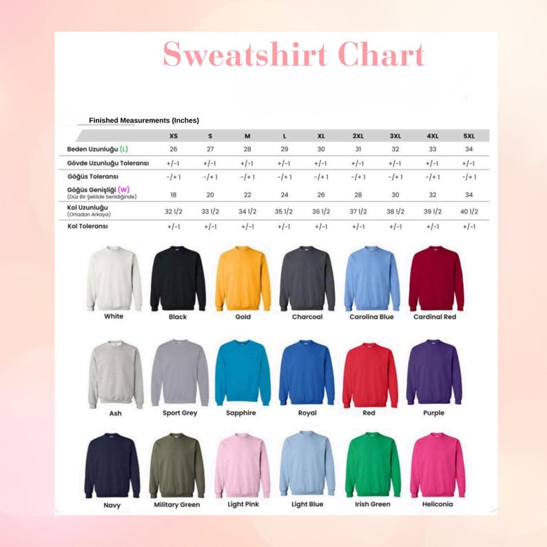 May include: A sweatshirt size chart featuring a table of finished measurements in inches for sizes XS through 5XL, followed by a grid of twenty-one crewneck sweatshirts in various solid colors including white, black, gold, charcoal, and red.