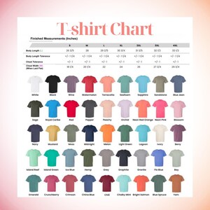 May include: A T-shirt size chart featuring a table of finished measurements in inches for sizes S through 4XL, followed by a grid of 56 color swatches representing different T-shirt colors, each labeled with its corresponding color name.
