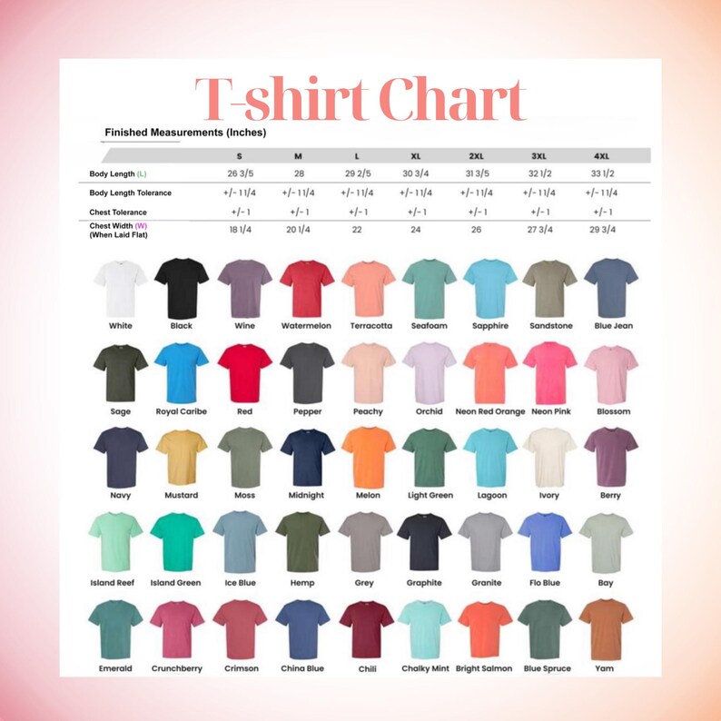 May include: A T-shirt size chart featuring a table of finished measurements in inches for sizes S through 4XL, followed by a grid of 56 color swatches representing different T-shirt colors, each labeled with its corresponding color name.