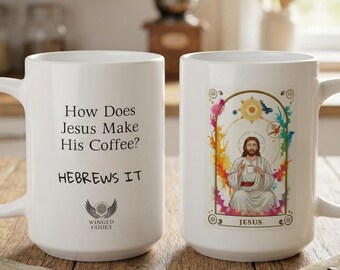 Jesus Coffee Mug, Christian Art Cup, Hebrews It Pun, Ascended Master Series, Winged Codex