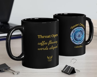 Throat Chakra Mug, Vishuddha Blue Energy, Sarcasm Humor, Black Ceramic 15oz, Winged Codex Gift