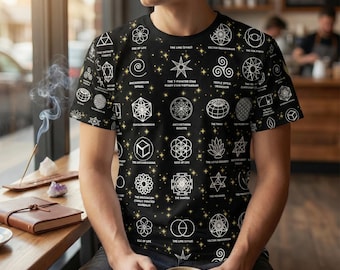 Camiseta con estampado integral de geometría sagrada y símbolos místicos de yoga.