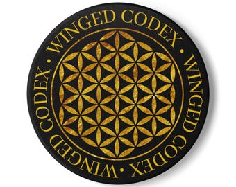 Winged Codex Signature Coaster, Flower of Life, Gold Geometry Ceramic Drink Mat Sacred Design