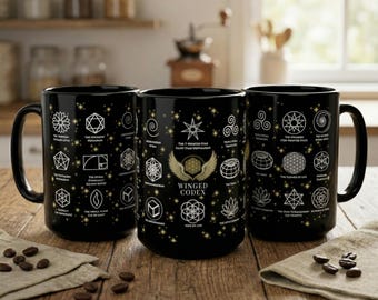 Winged Codex Signature Sacred Geometry Coffee Mug, Celestial Metaphysical Spiritual Gift Black Ceramic