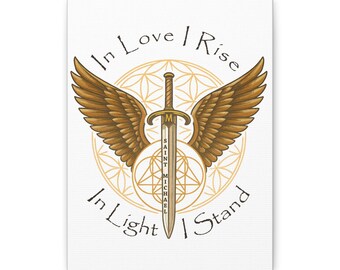 Saint Michael Sword of Light Art — Sacred Geometry Winged Canvas