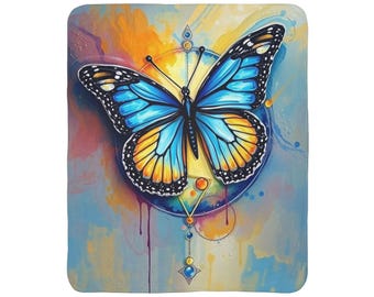 Butterfly Fleece Blanket Sherpa, Blue Monarch Cozy Soft Throw, Colorful Boho Blanket