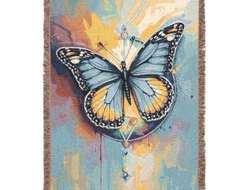 Butterfly Woven Blanket Blue Monarch Sacred Transformation Spiritual Throw, Metamorphosis Art, Boho Home Decor