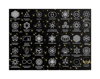 Winged Codex Sacred Geometry Art Print, Wall Art Spiritual Pattern Chart, Gold Black Decor