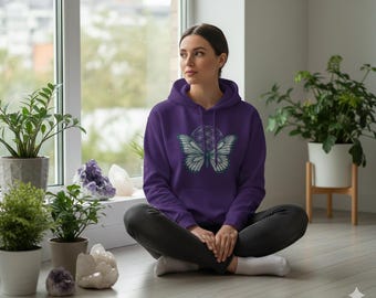 Bluza z kapturem z motywem świętej geometrii motyla | Niebieskie skrzydła mandali/symbol transformacji motyla Kwiatu Życia