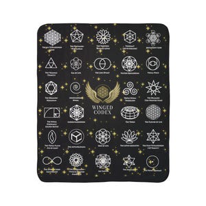 May include: Black throw blanket with gold geometric symbols and text. The blanket features various sacred geometry symbols, including the Flower of Life, Metatron's Cube, and the Vesica Pisces. The text reads "Winged Codex".