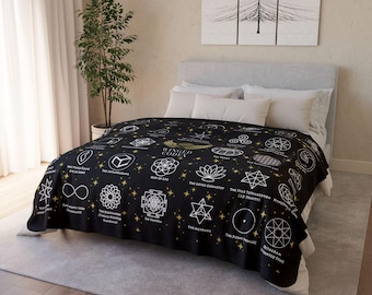Sacred Geometry Fleece Blanket • Esoteric Symbol Throw, Meditation Decor (60"X80")