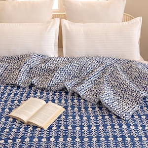 Hand Block Printed Quilt - All Season Reversible in Floral Design (100% Cotton) - Spring/Summer Decor