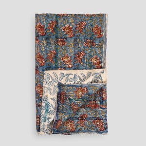 May include: A folded blue floral quilt with a repeating pattern of red and yellow flowers and leaves. The quilt has a white border with a blue leaf pattern. The quilt is made of a soft, comfortable material.