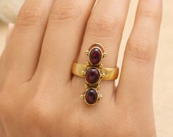 Triple Stone Brass Ring Handmade Statement Ring for Men Women, Vintage Boho Jewelry, Three Gemstone Ring, Unique Gift
