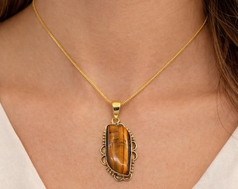 Tiger Eye Pendant Necklace, Handmade Gold Plated Brown Gemstone Necklace, Vintage Boho Statement Jewelry Gift for Her