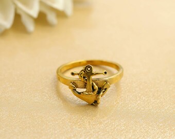 Anchor Ring Gold Plated, Handmade Nautical Symbol Ring for Women, Minimalist Vintage Statement Jewelry, Unique Gift