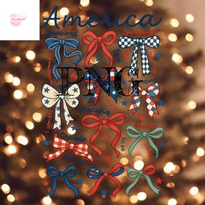 以下が含まれることがあります： 赤、白、青の様々なリボン、星、テキスト要素をあしらった愛国的なデザイン。上部には「America」の文字があり、「precious」や「amazing」などの言葉が散りばめられています。独立記念日に最適です。