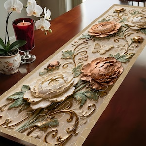 Camino de mesa acolchado floral, camino de mesa acolchado vintage con flores de peonía, elegante camino de mesa de patchwork botánico, decoración para mesa de comedor