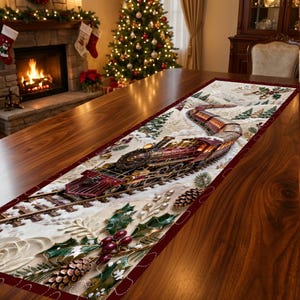 Camino de mesa acolchado con tren navideño, diseño artístico de patchwork, elegante decoración de mesa para comedor y cocina.