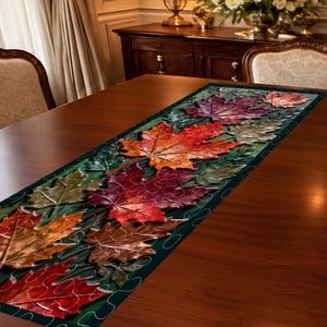 Autumn Maple Leaves Quilted Table Runner, Autumn Maple Leaves Table Runner, Artistic Patchwork Design, Elegant Table Decor for Kitchen