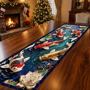 Koi Fish Lotus Quilted Table Runner, Koi Fish Lotus Table Runner, Artistic Patchwork Design, Elegant Table Decor for Dining & Kitchen