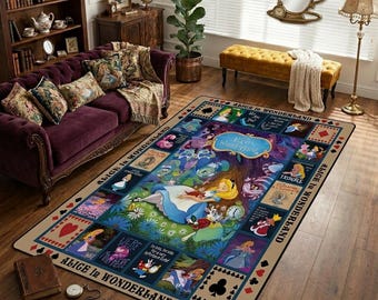 Alice in Wonderland Non-Slip Area Rug, Alice in Wonderland Vintage Music Carpet, Alice in Wonderland Room Decor,Bedroom Rug