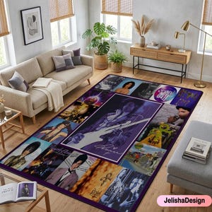 Könnte beinhalten: Ein rechteckiger, violetter Teppich mit einer Collage von Bildern eines Musikers. Das zentrale Bild zeigt den Musiker beim Gitarrespielen. Albumcover und Porträts umgeben das zentrale Bild. Der Teppich hat einen dunkelvioletten Rand.
