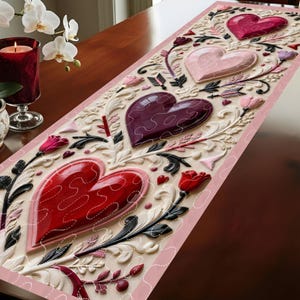 May include: A decorative table runner featuring embossed hearts in shades of red, pink, and burgundy. The runner has floral and arrow accents, with a cream-colored background and a pink border. The runner is approximately 60 inches long.