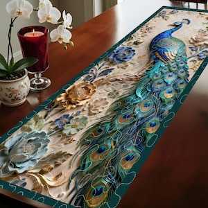 Peacock and Floral Quilted Table Runner, Peacock Floral Table Runner, Artistic Patchwork Design, Elegant Table Decor for Dining & Kitchen