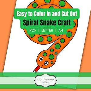 May include: A spiral snake craft template with the text "Easy to Color In and Cut Out Spiral Snake Craft". The snake is orange with green spots and a red tongue. The design includes PDF, Letter, and A4 options.