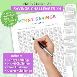 May include: A printable savings challenge sheet with the text "Penny Savings Challenge" and other challenges. The sheet includes a grid for tracking savings, with a hand holding a pen marking a box. Includes "Penny Challenge, Nickel Challenge, Dime Challenge, Quarter Challenge."