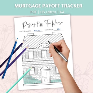 May include: A printable mortgage payoff tracker with a house illustration. The text "MORTGAGE PAYOFF TRACKER" and "Paying Off The House" are at the top. The total amount is $209,040, and each brick is $804. Colored pencils are on the left.