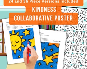 Kindness Collaborative Poster Printable, Class Activity, 24 & 36 Piece Group Coloring Pages, SEL Classroom Bulletin Board Teamwork Art Decor