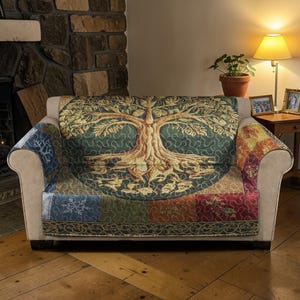 Four Seasons Tree of Life Quilted Sofa Cover, Patchwork Luxury Sofa Cover, Nature Theme Couch Throw, Seasonal Furniture Protector Cover