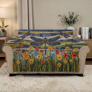 Peut inclure: Une housse de canapé avec un motif de libellule. La partie supérieure présente des rayures bleues et blanches, avec une grande libellule au centre. La partie inférieure montre un champ de fleurs colorées en orange, jaune et bleu.