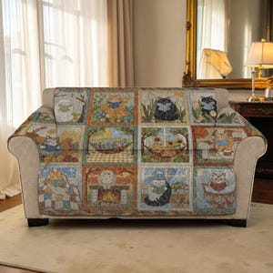 Copridivano trapuntato per angolo lettura, tappetino per divano con gatto e libro di fiabe artistico, copridivano di lusso, protezione per mobili da biblioteca personalizzata e fantasiosa
