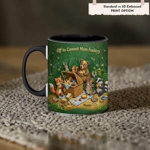 Off to Commit Mom Foolery 3D Mug, Personalized Animal Picnic Forest Coffee Cup, Custom Mother's Day Gift, Whimsical Green Ceramic Mug Gift