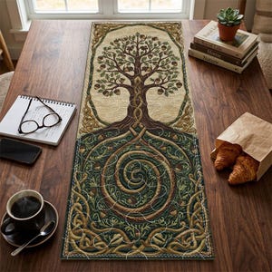 Peut inclure: Une tapisserie rectangulaire avec un motif d'arbre détaillé dans les tons marron, vert et beige. Les racines de l'arbre forment une spirale. La tapisserie est posée sur une table en bois.