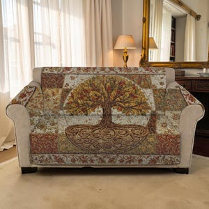 Luxury Sofa Cover, Burnt Orange Autumn Spirit, Quilted Sofa Fall Leaf Art, Custom Sofa Warm Harvest Protector, Rustic Forest Furniture Skin