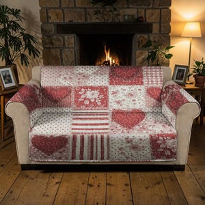 May include: A beige sofa with a patchwork cover featuring red hearts, floral patterns, and polka dots. The sofa is in front of a brick fireplace, creating a cosy, inviting atmosphere. The cover is designed to protect the sofa.