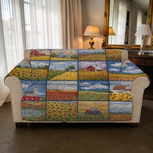Homestead Patchwork Furniture Protector, Country Collage Quilted Sofa Cover, Traditional Farm Life Couch Guard, Luxury Multi-Pattern Decor